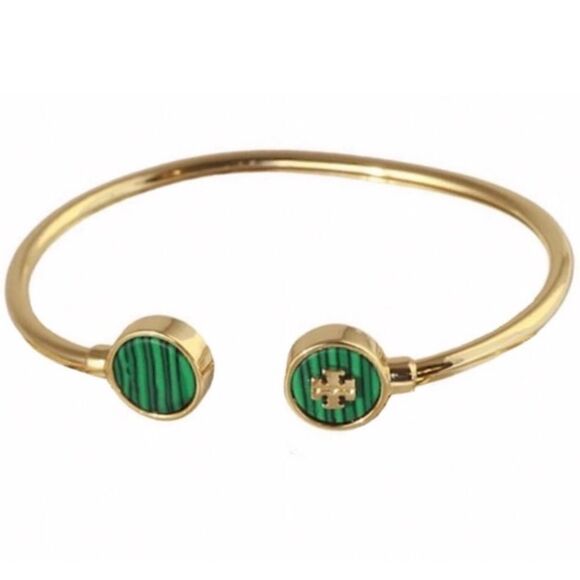 TORY BURCH KIRA SEMIPRECIOUS GREEN MALACHITE OPEN CUFF BRACELET 18K GOLD… - Picture 1 of 4